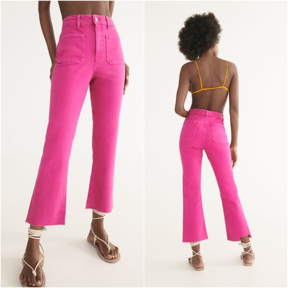 Zara Denim - ZARA The Sailor Vibrant Pink Denim Frayed Hem Cropped Jeans Size 2